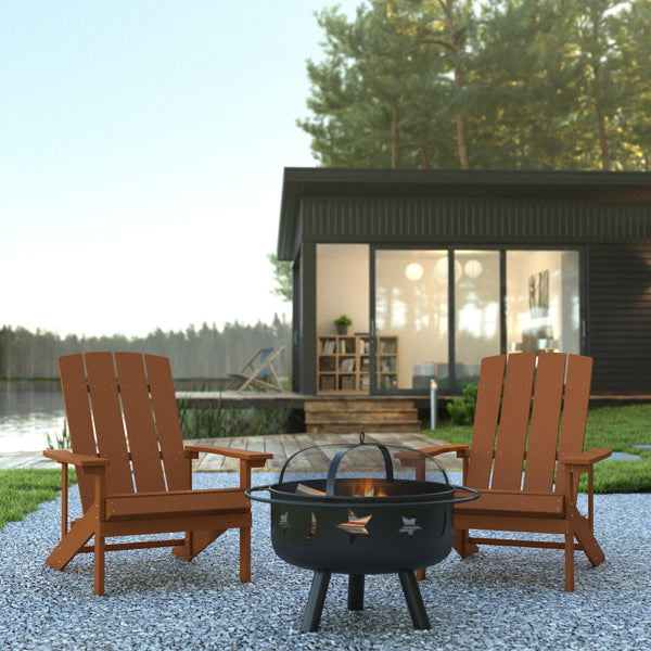 Teak |#| Star and Moon Fire Pit with Mesh Cover & 2 Teak Poly Resin Adirondack Chairs