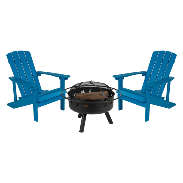 Blue |#| Star and Moon Fire Pit with Mesh Cover & 2 Blue Poly Resin Adirondack Chairs