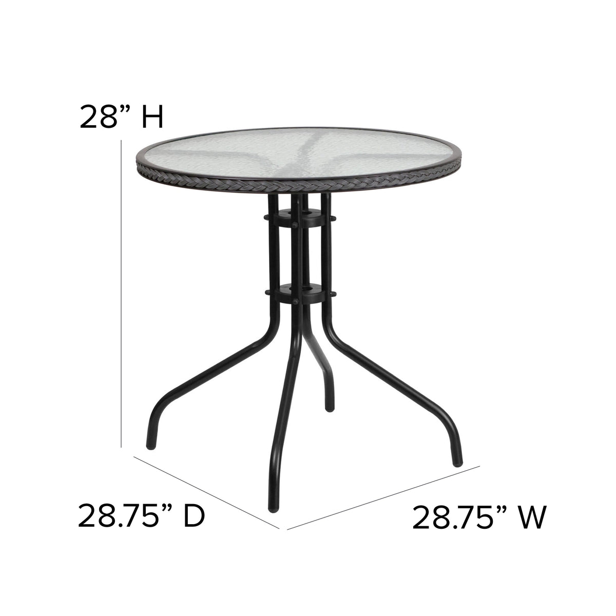 Clear/Gray |#| 28inch RD Glass Metal Table with Gray Rattan Edging and 2 Gray Rattan Stack Chairs