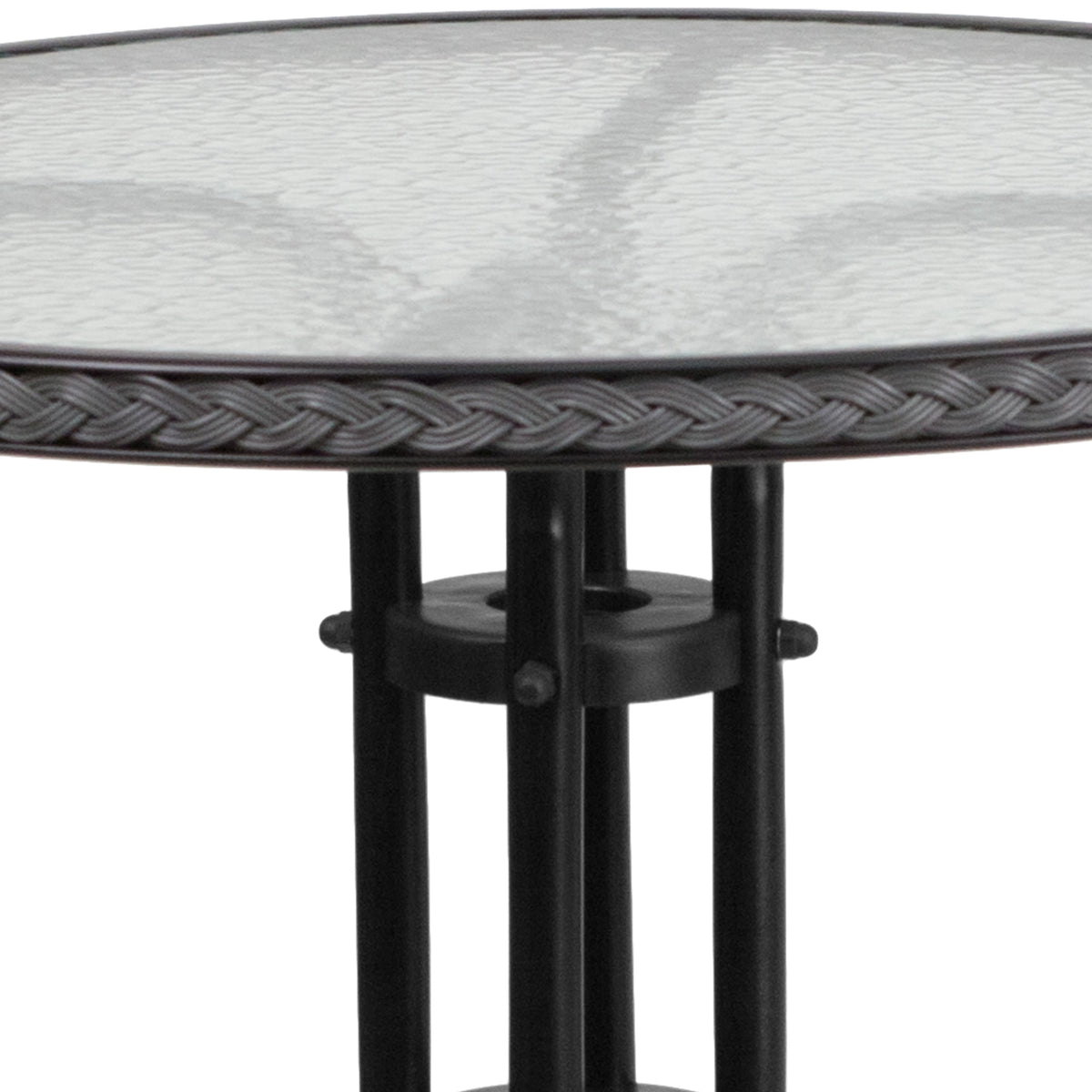 Clear/Gray |#| 28inch RD Glass Metal Table with Gray Rattan Edging and 2 Gray Rattan Stack Chairs