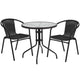 Clear/Black |#| 28inch RD Glass Metal Table with Black Rattan Edging & 2 Black Rattan Stack Chairs