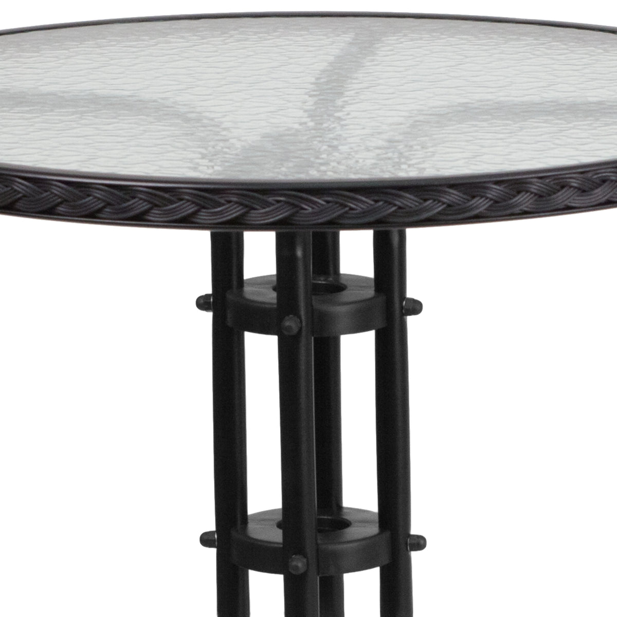 Clear/Black |#| 28inch RD Glass Metal Table with Black Rattan Edging & 2 Black Rattan Stack Chairs