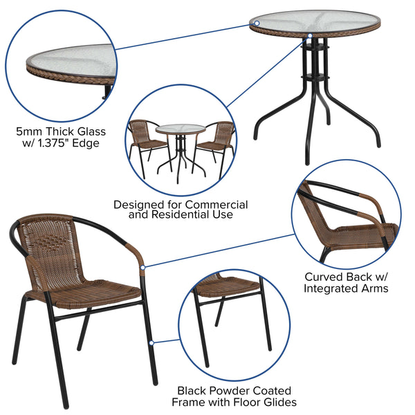 Clear/Dark Brown |#| 28inch RD Glass Metal Table w/ Dk Brown Rattan Edging & 2 Dk Brown Rattan Chairs