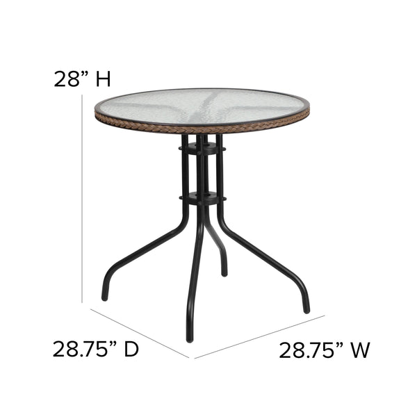 Clear/Dark Brown |#| 28inch RD Glass Metal Table w/ Dk Brown Rattan Edging & 2 Dk Brown Rattan Chairs