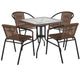 Clear/Dark Brown |#| 28inch SQ Glass Metal Table with Dk Brown Rattan Edging & 4 Dk Brown Rattan Chairs