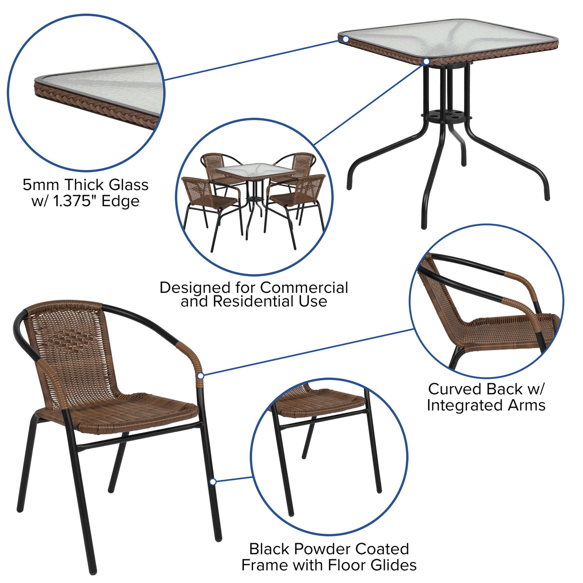 Clear/Dark Brown |#| 28inch SQ Glass Metal Table with Dk Brown Rattan Edging & 4 Dk Brown Rattan Chairs