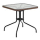 Clear/Dark Brown |#| 28inch SQ Glass Metal Table with Dk Brown Rattan Edging & 4 Dk Brown Rattan Chairs