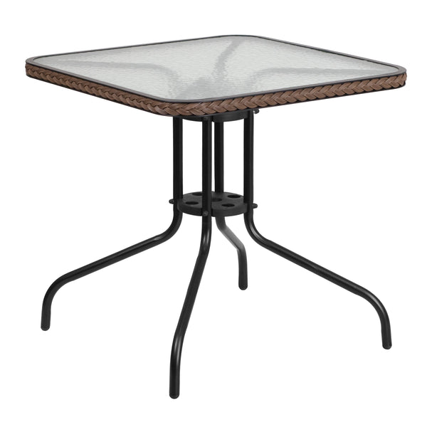 Clear/Dark Brown |#| 28inch SQ Glass Metal Table with Dk Brown Rattan Edging & 4 Dk Brown Rattan Chairs