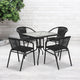 Clear/Black |#| 28inch SQ Glass Metal Table w/ Black Rattan Edging & 4 Black Rattan Stack Chairs