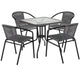 Clear/Gray |#| 28inch SQ Glass Metal Table with Gray Rattan Edging and 4 Gray Rattan Stack Chairs