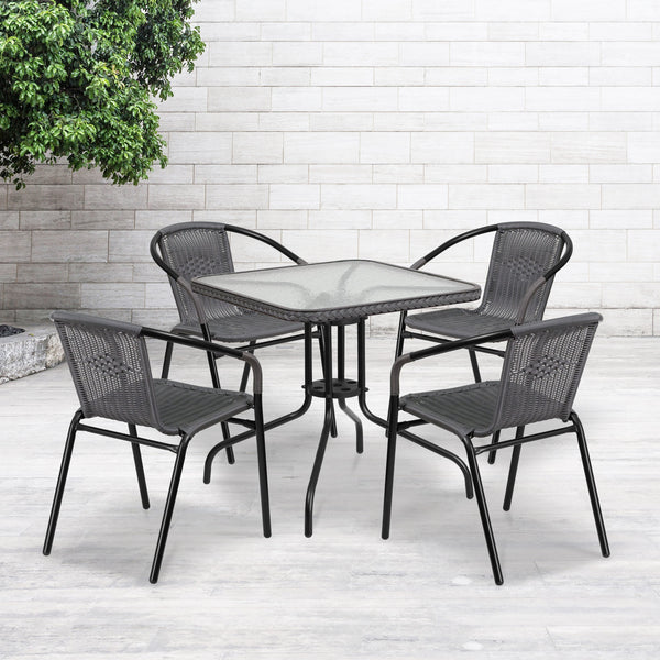 Clear/Gray |#| 28inch SQ Glass Metal Table with Gray Rattan Edging and 4 Gray Rattan Stack Chairs