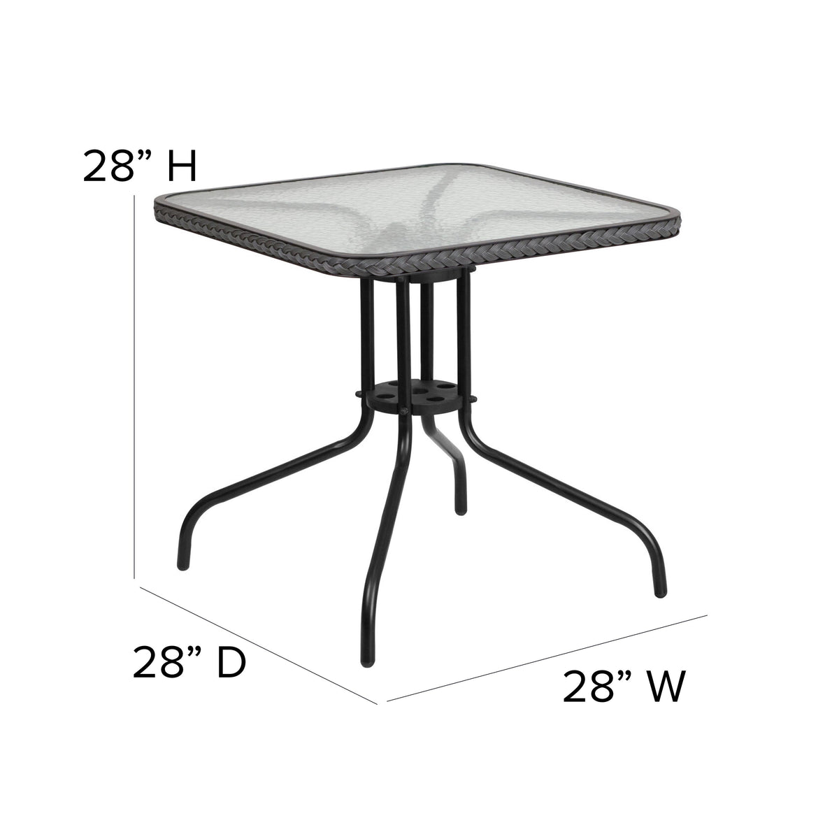 Clear/Gray |#| 28inch SQ Glass Metal Table with Gray Rattan Edging and 4 Gray Rattan Stack Chairs