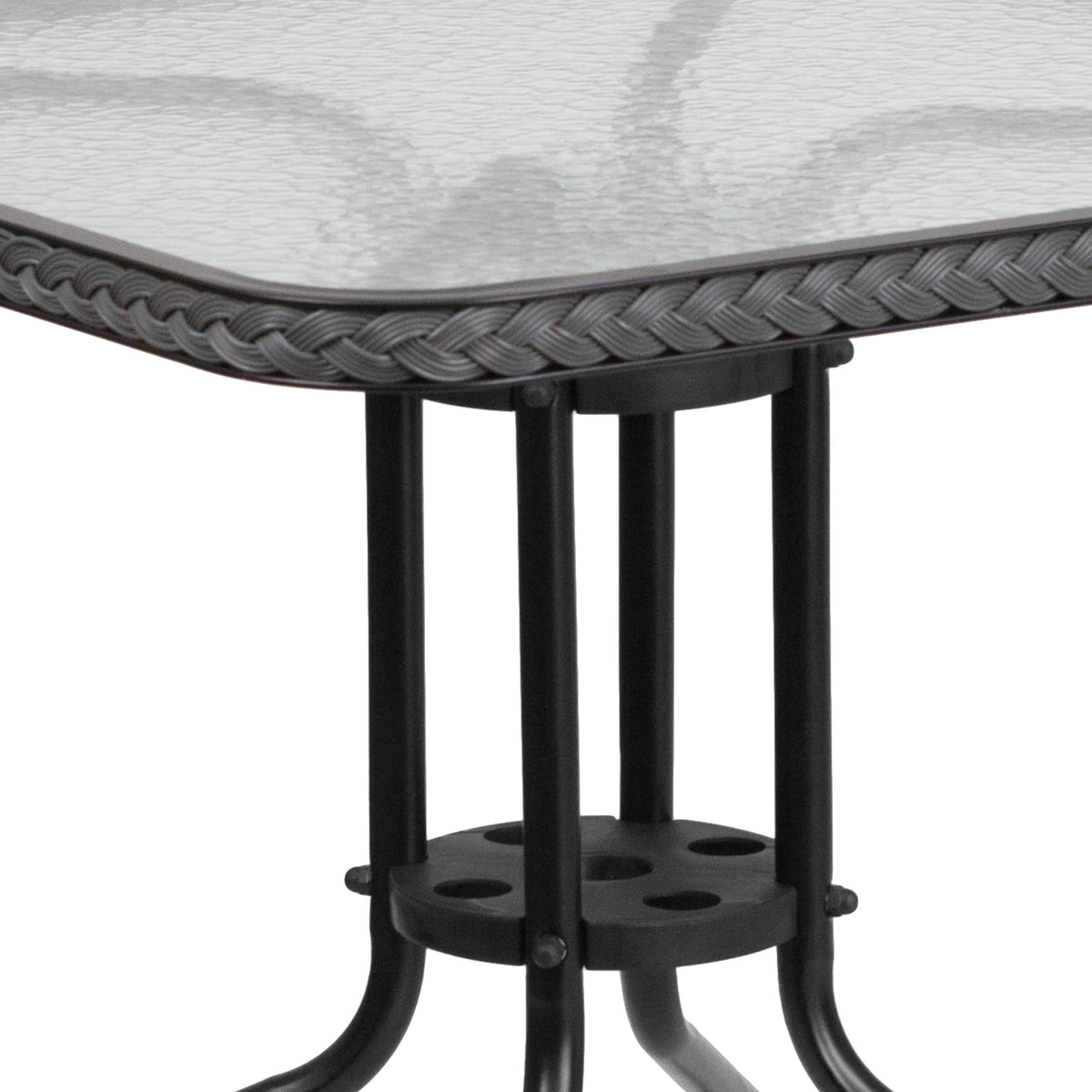 Clear/Gray |#| 28inch SQ Glass Metal Table with Gray Rattan Edging and 4 Gray Rattan Stack Chairs