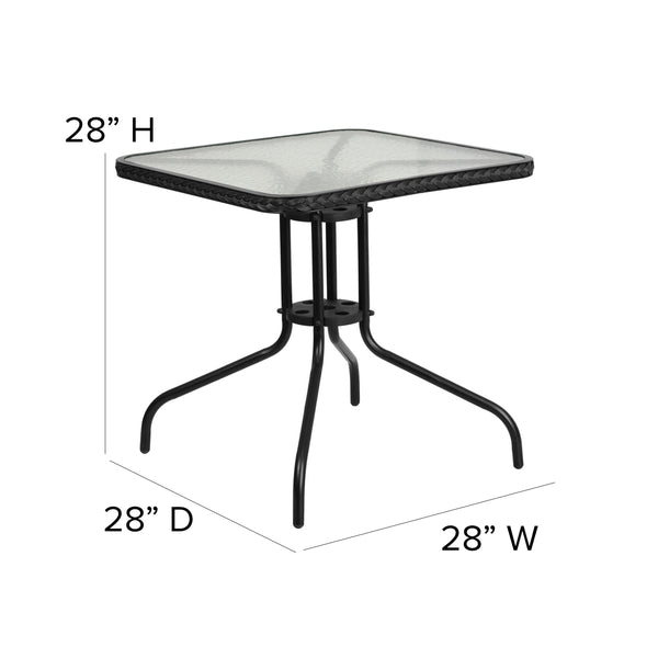 Clear/Black |#| 28inch SQ Glass Metal Table w/ Black Rattan Edging & 4 Black Rattan Stack Chairs