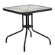 Clear/Black |#| 28inch SQ Glass Metal Table w/ Black Rattan Edging & 4 Black Rattan Stack Chairs