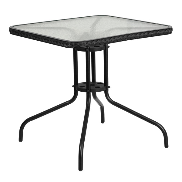 Clear/Black |#| 28inch SQ Glass Metal Table w/ Black Rattan Edging & 4 Black Rattan Stack Chairs