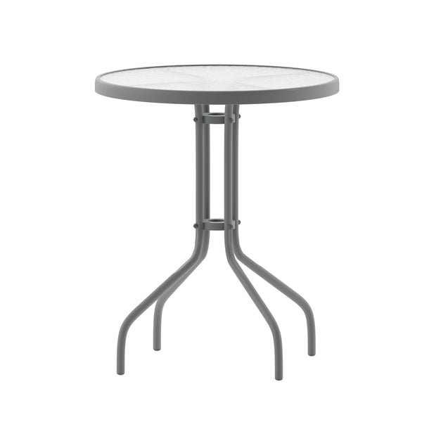 Clear/Silver |#| 23.75inch Round Tempered Glass Metal Table with Smooth Ripple Design Top - Silver