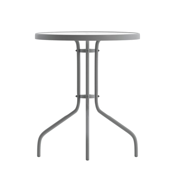 Clear/Silver |#| 23.75inch Round Tempered Glass Metal Table with Smooth Ripple Design Top - Silver