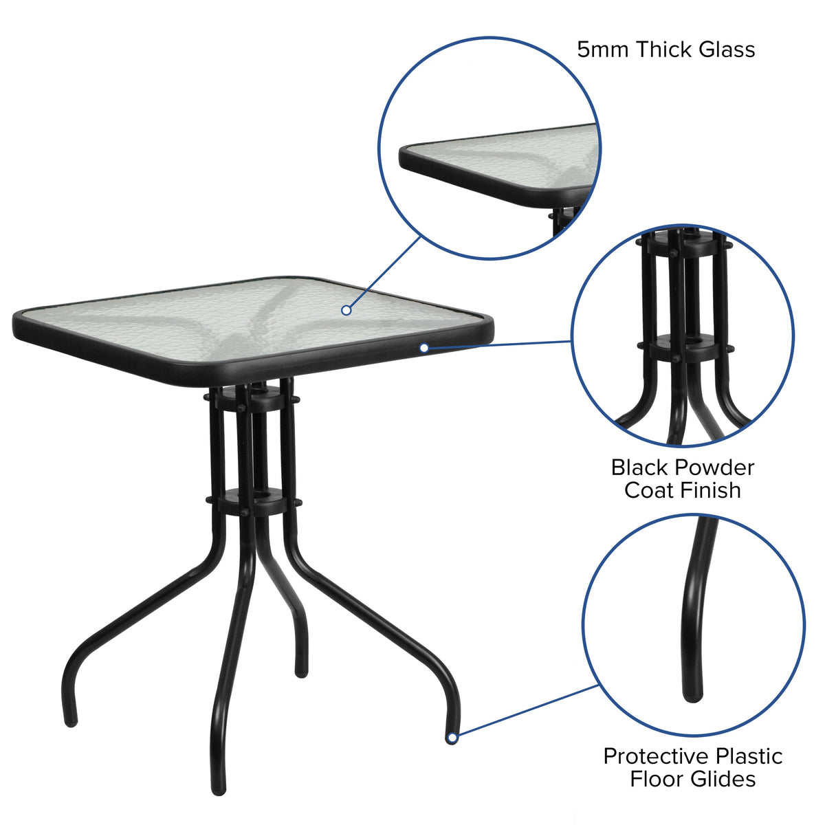 Gray |#| 3 Piece Patio Dining Set - 23.5inch Square Glass Table, 2 Gray Flex Stack Chairs