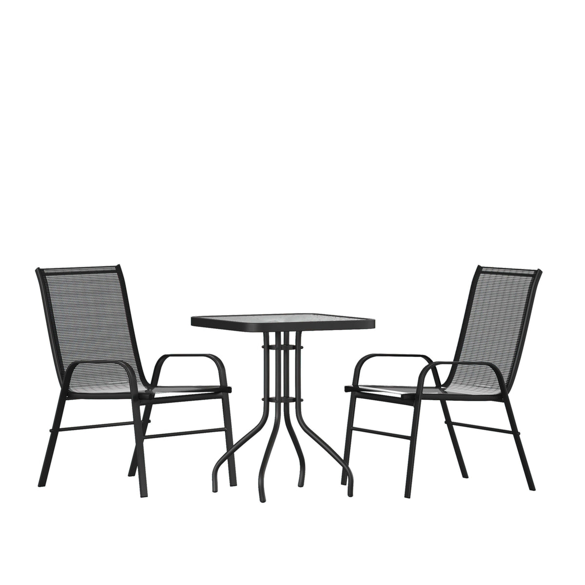 Black |#| 3 Piece Patio Dining Set - 23.5inch Square Glass Table, 2 Black Flex Stack Chairs