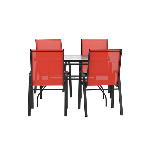 Red |#| Commercial 5 Pc Outdoor Patio Dining Set with Glass Table and 4 Chairs - Red