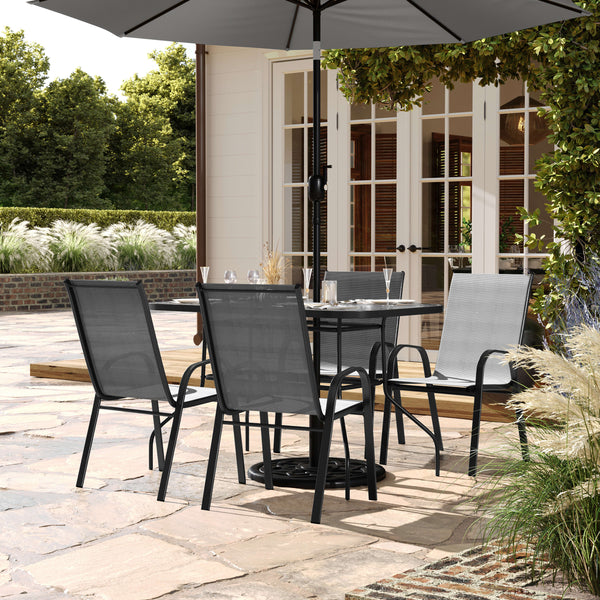 Gray |#| Commercial 5 Pc Outdoor Patio Dining Set with Glass Table and 4 Chairs - Gray