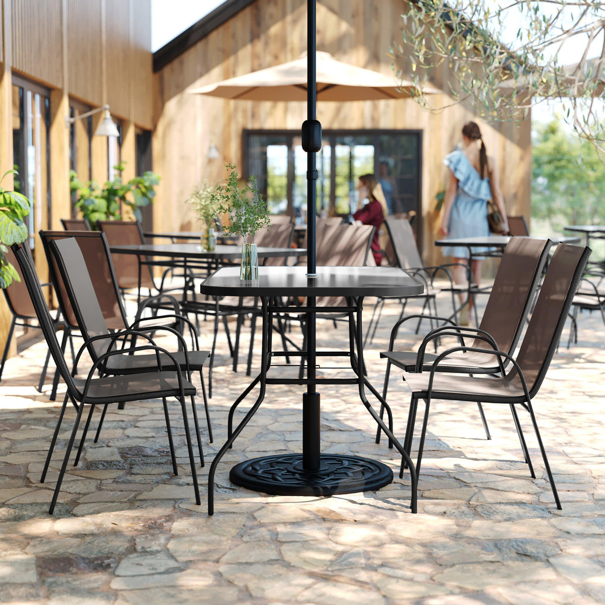 Brown |#| Commercial 5 Pc Outdoor Patio Dining Set with Glass Table and 4 Chairs - Brown