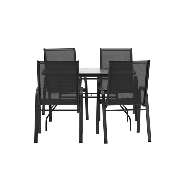 Black |#| Commercial 5 Pc Outdoor Patio Dining Set with Glass Table and 4 Chairs - Black