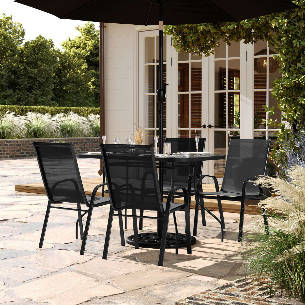 Black |#| Commercial 5 Pc Outdoor Patio Dining Set with Glass Table and 4 Chairs - Black