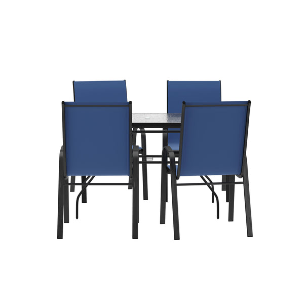 Navy |#| Commercial 5 Pc Outdoor Patio Dining Set with Glass Table and 4 Chairs - Navy