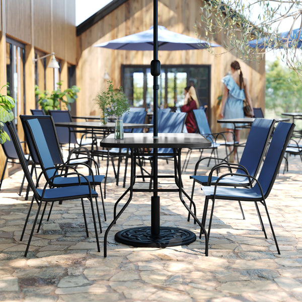 Navy |#| Commercial 5 Pc Outdoor Patio Dining Set with Glass Table and 4 Chairs - Navy