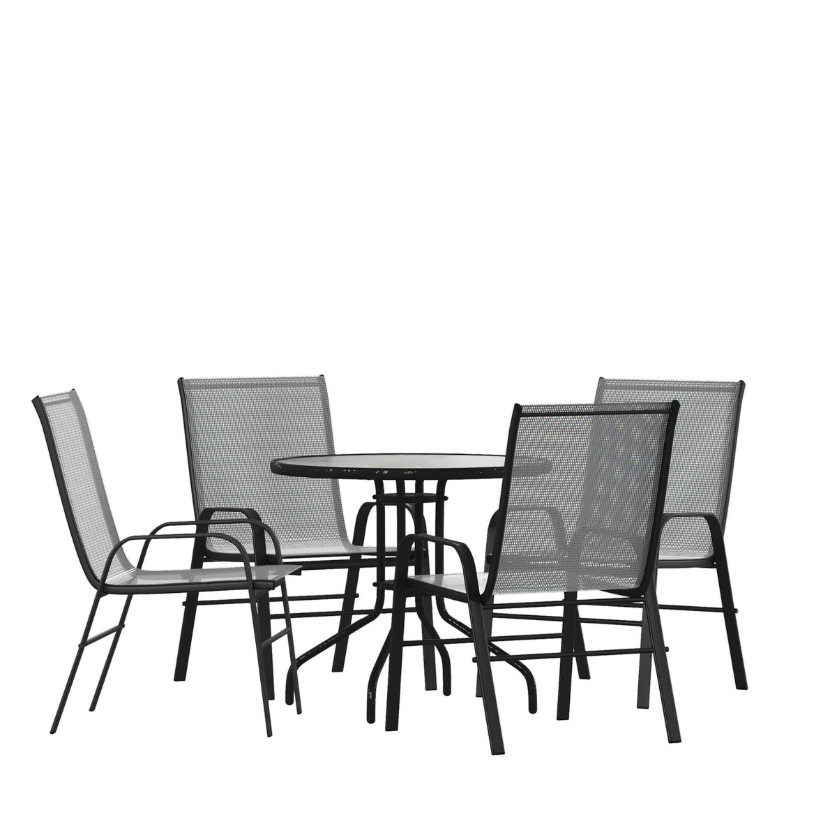 Gray |#| 5 Piece Patio Dining Set - 31.5inch Round Glass Table, 4 Gray Flex Stack Chairs