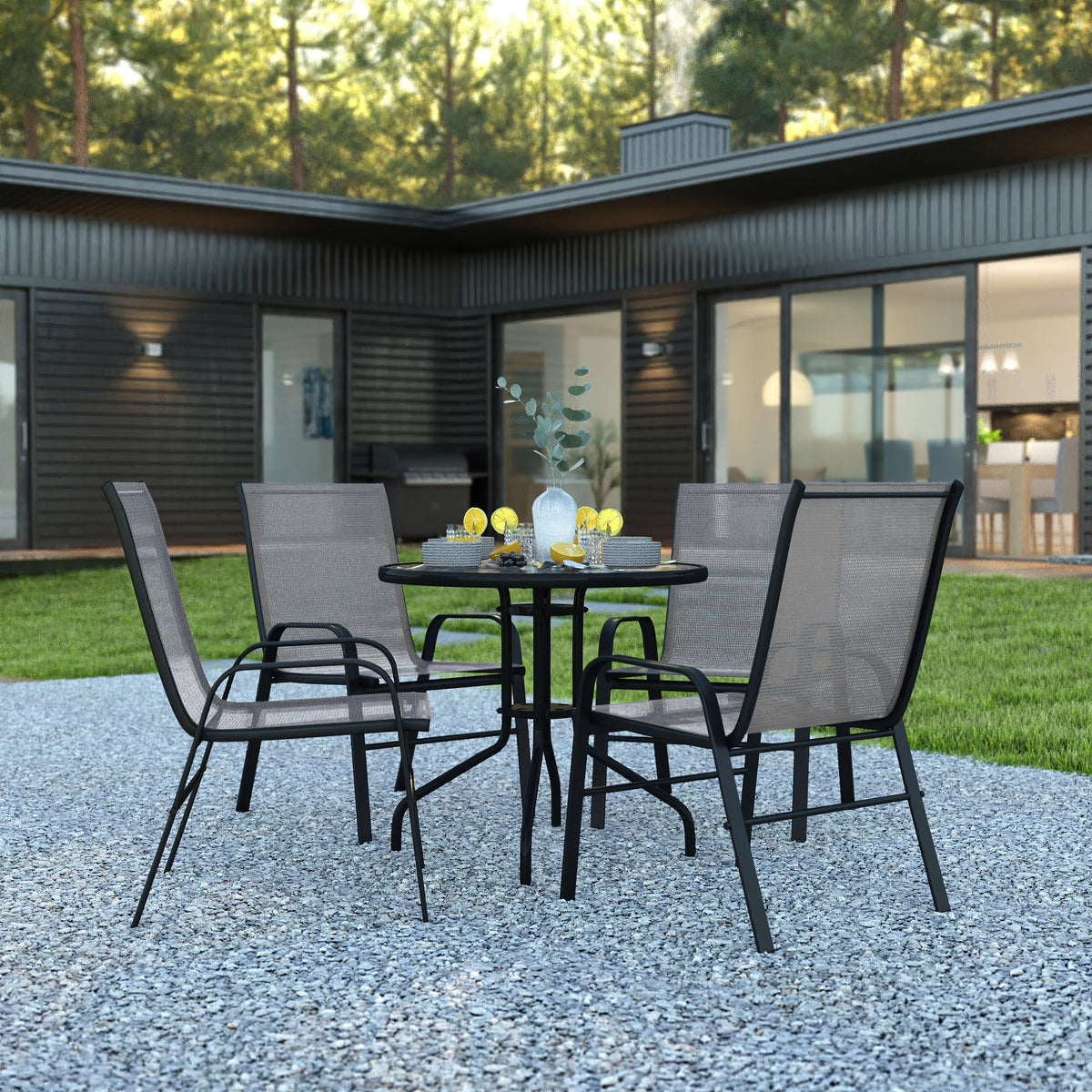 Gray |#| 5 Piece Patio Dining Set - 31.5inch Round Glass Table, 4 Gray Flex Stack Chairs