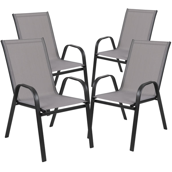 Gray |#| 5 Piece Patio Dining Set - 31.5inch Round Glass Table, 4 Gray Flex Stack Chairs