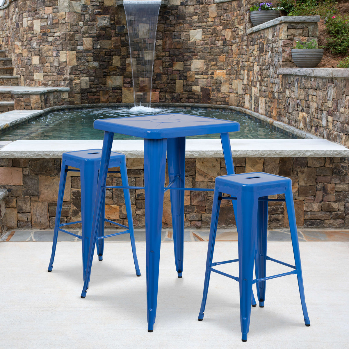 Blue |#| 23.75inch Square Blue Metal Bar Table Set with 2 Square Seat Backless Stools