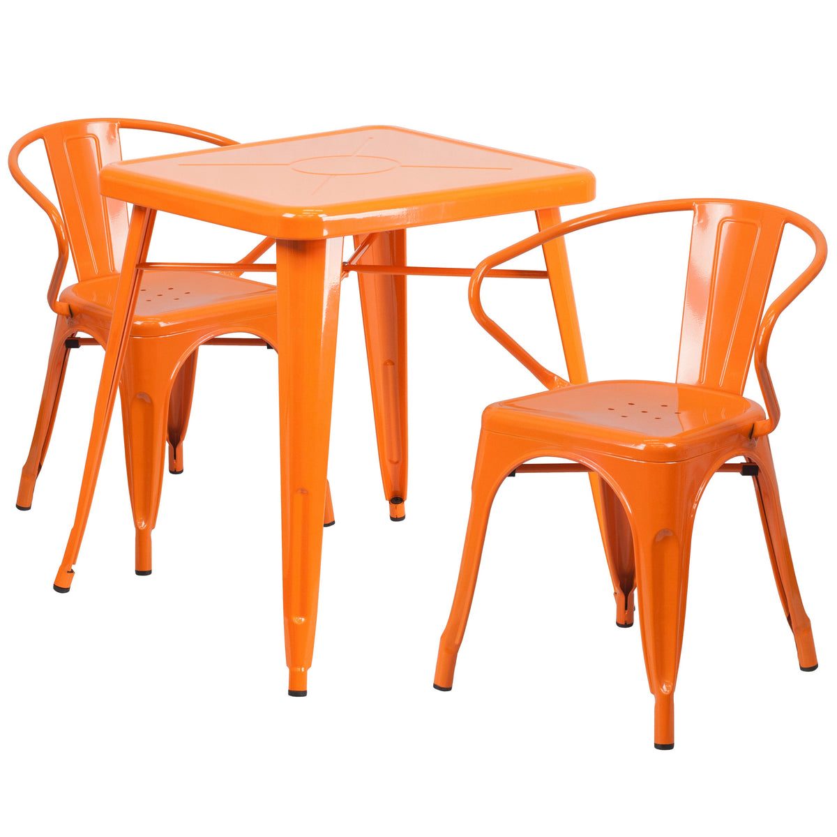 Orange |#| 23.75inch Square Orange Metal Indoor-Outdoor Table Set with 2 Arm Chairs