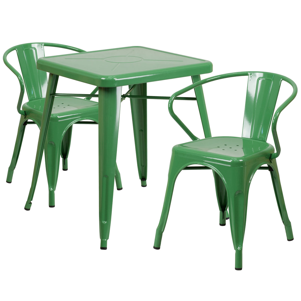 Green |#| 23.75inch Square Green Metal Indoor-Outdoor Table Set with 2 Arm Chairs