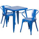 Blue |#| 23.75inch Square Blue Metal Indoor-Outdoor Table Set with 2 Arm Chairs