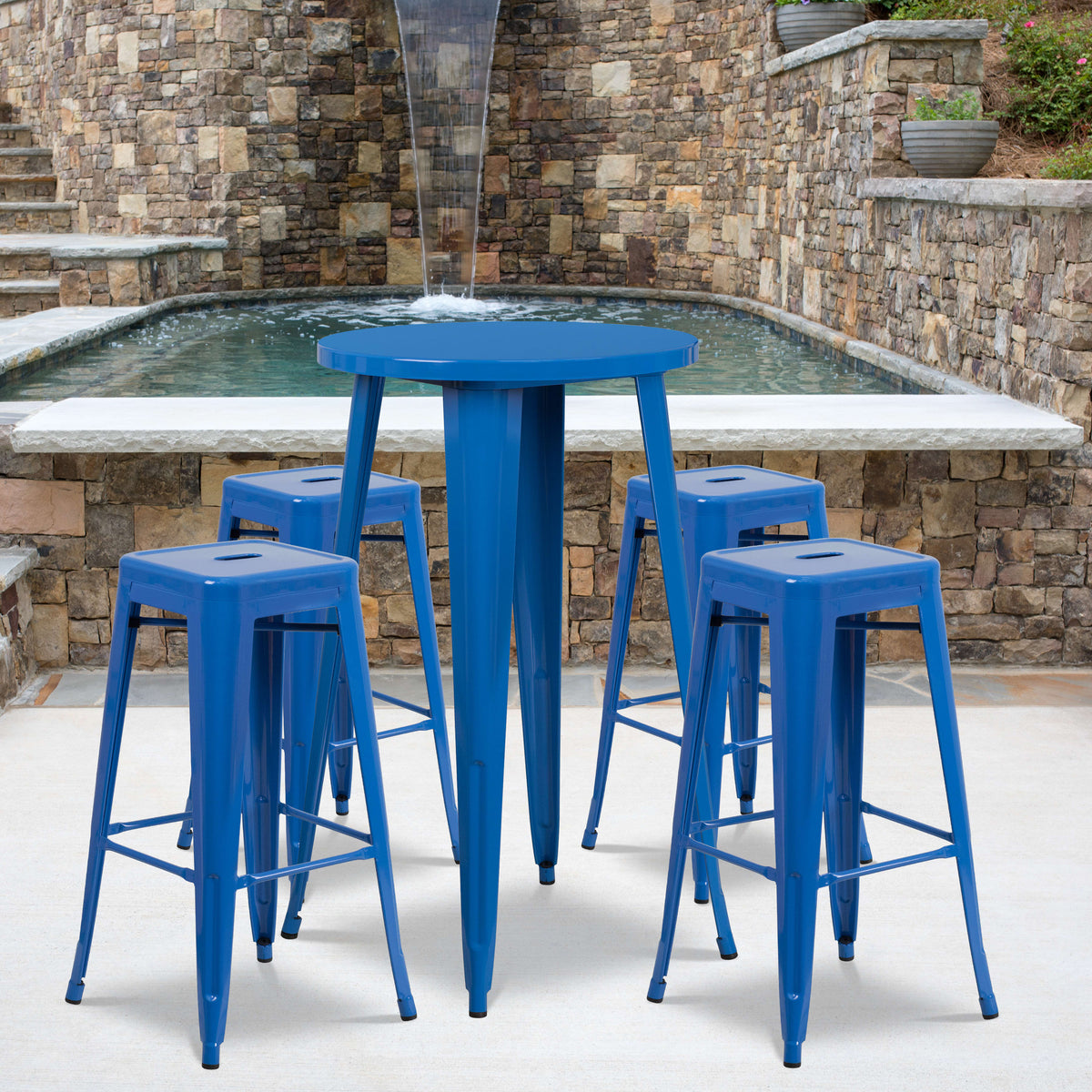 Blue |#| 24inch Round Blue Metal Indoor-Outdoor Bar Table Set with 4 Backless Stools