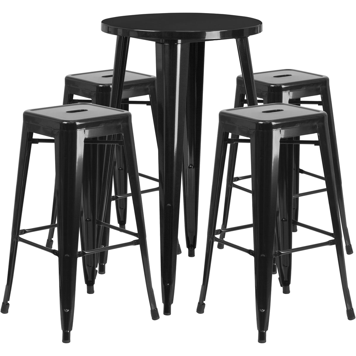 Black |#| 24inch Round Black Metal Indoor-Outdoor Bar Table Set with 4 Backless Stools