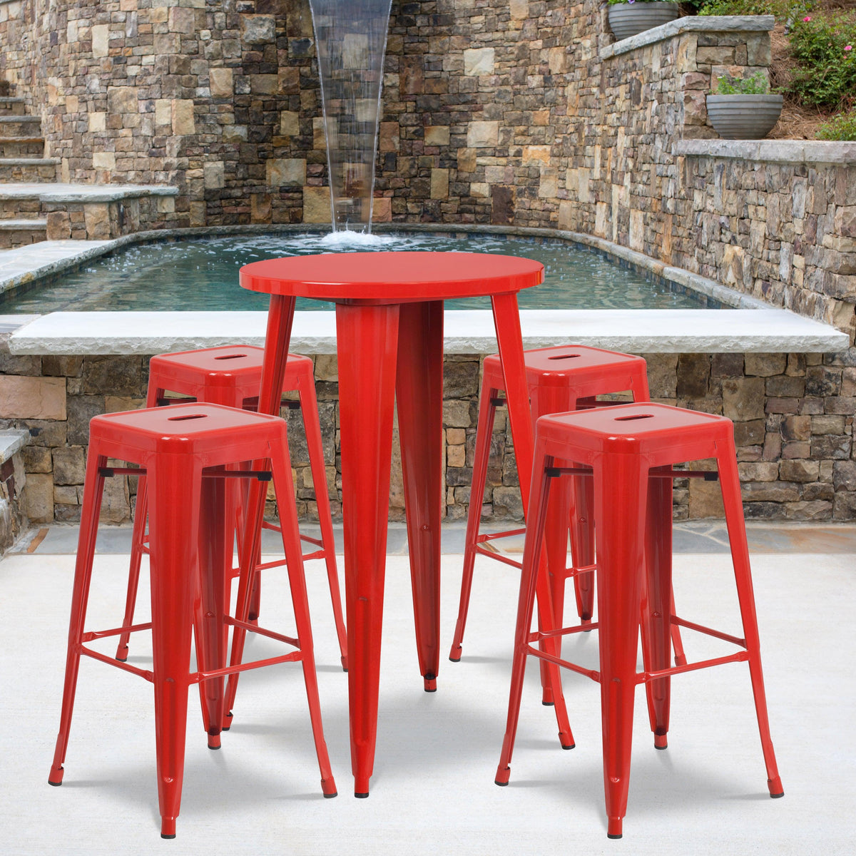 Red |#| 24inch Round Red Metal Indoor-Outdoor Bar Table Set with 4 Backless Stools