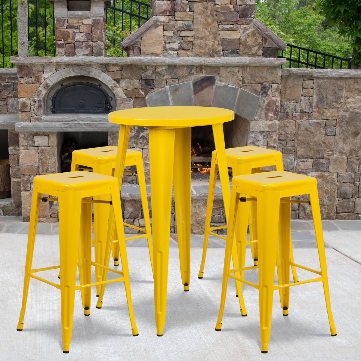 Yellow |#| 24inch Round Yellow Metal Indoor-Outdoor Bar Table Set with 4 Backless Stools