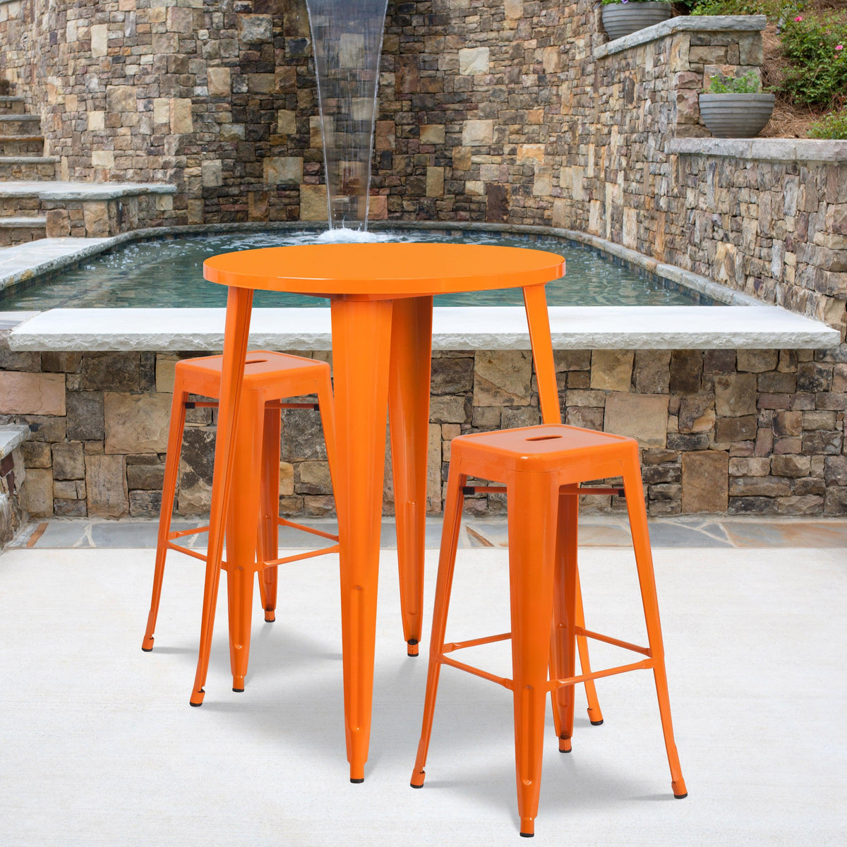 Orange |#| 30inch Round Orange Metal Indoor-Outdoor Bar Table Set with 2 Backless Stools