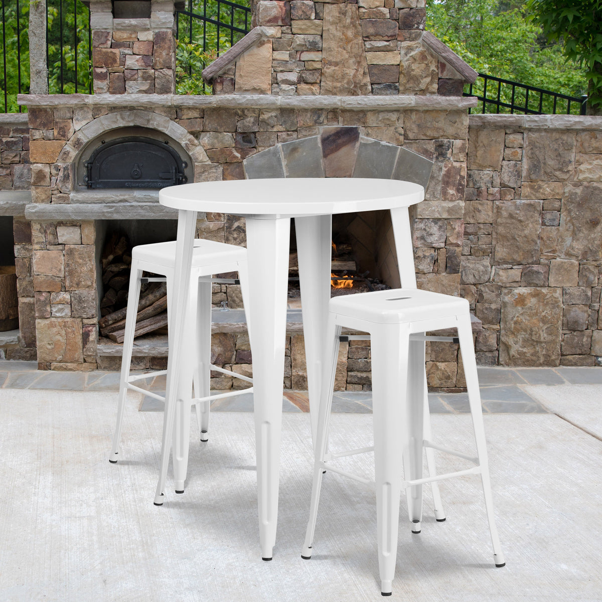 White |#| 30inch Round White Metal Indoor-Outdoor Bar Table Set with 2 Backless Stools