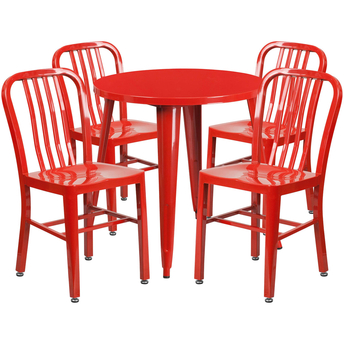 Red |#| 30inch Round Red Metal Indoor-Outdoor Table Set with 4 Vertical Slat Back Chairs