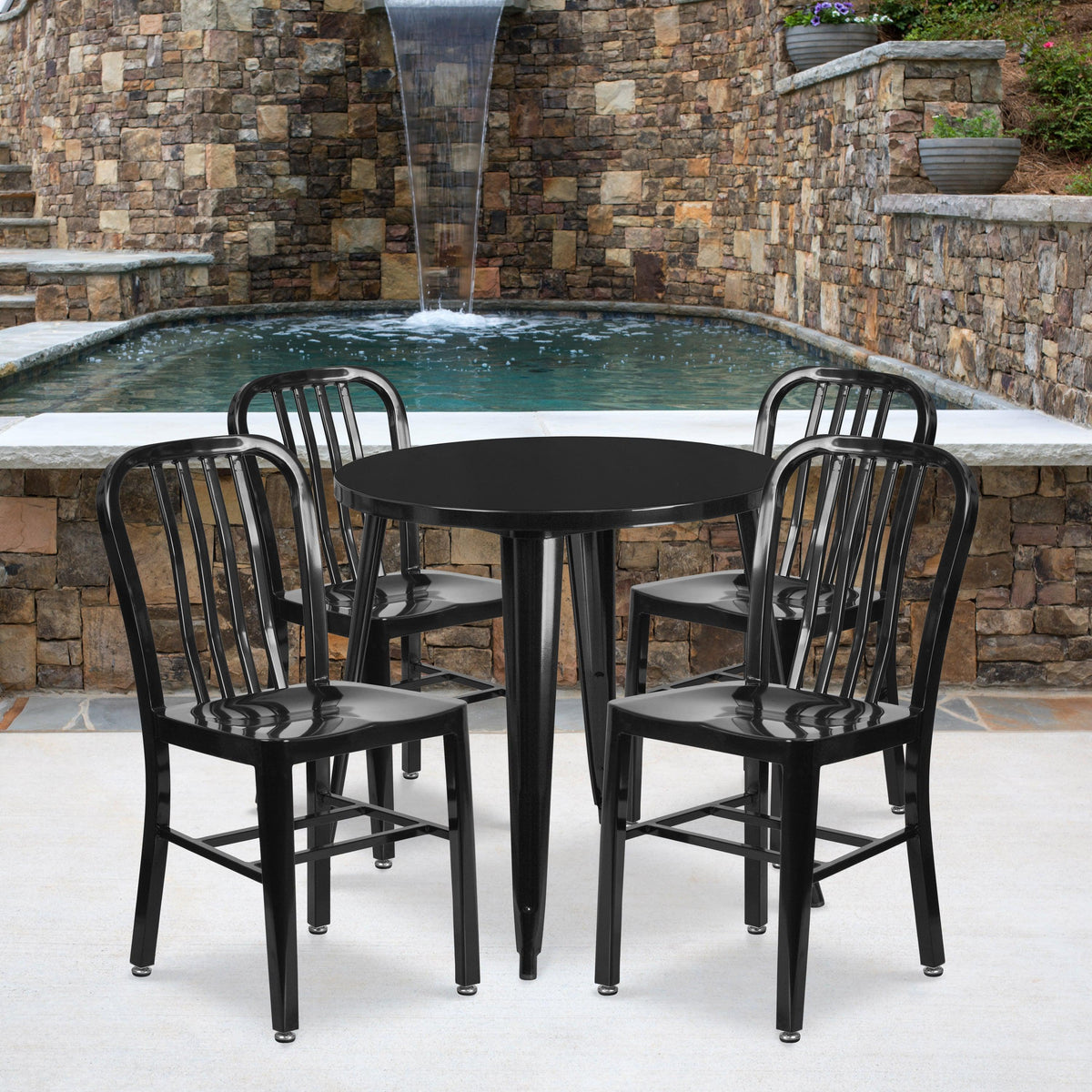 Black |#| 30inch Round Black Metal Indoor-Outdoor Table Set with 4 Vertical Slat Back Chairs