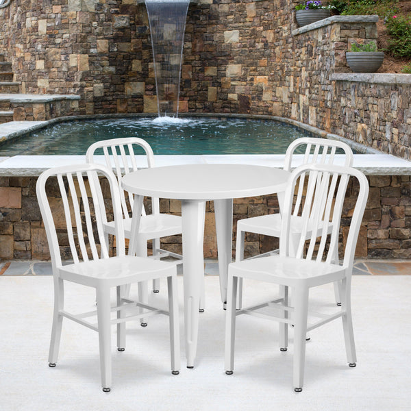 White |#| 30inch Round White Metal Indoor-Outdoor Table Set with 4 Vertical Slat Back Chairs