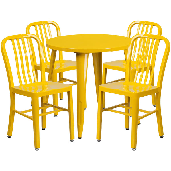 Yellow |#| 30inch Round Yellow Metal Indoor-Outdoor Table Set with 4 Vertical Slat Back Chairs