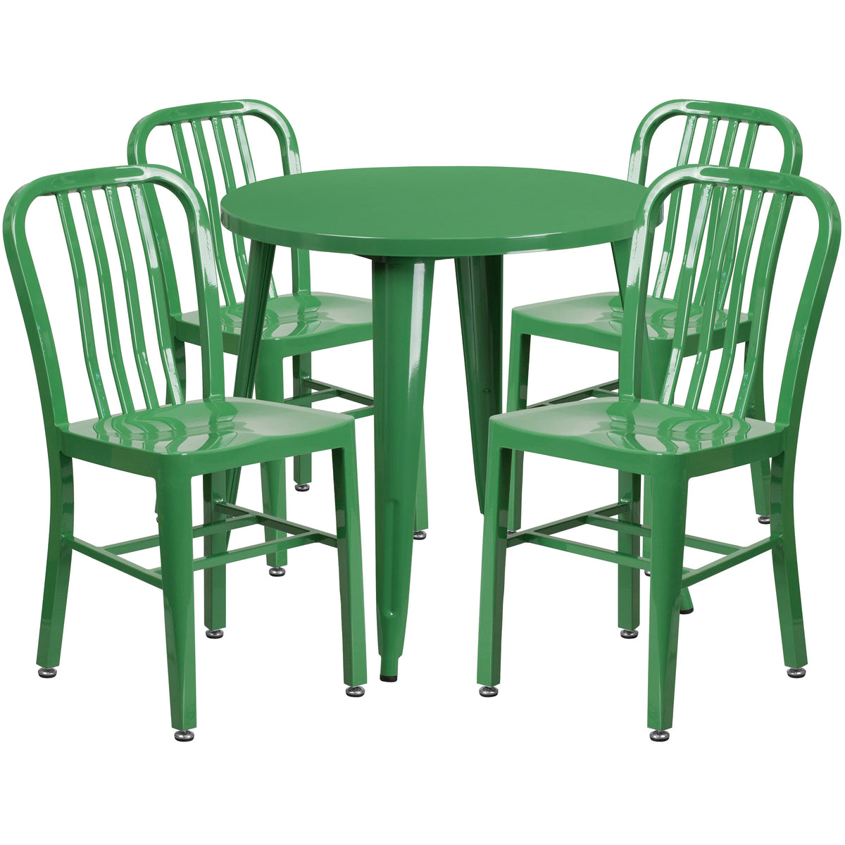 Green |#| 30inch Round Green Metal Indoor-Outdoor Table Set with 4 Vertical Slat Back Chairs