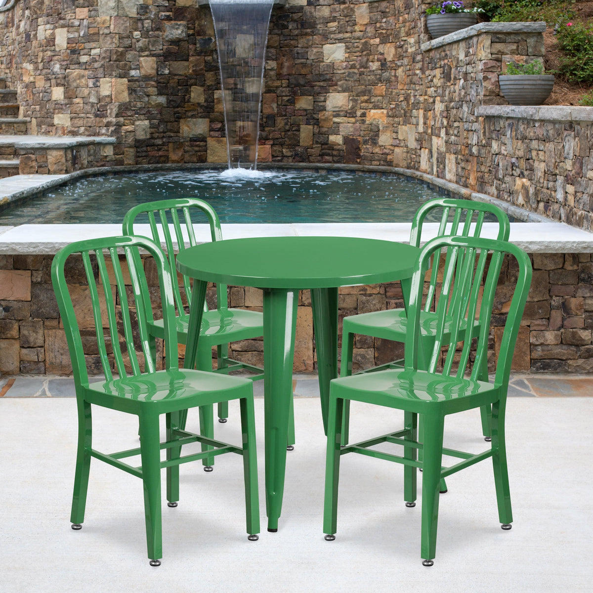 Green |#| 30inch Round Green Metal Indoor-Outdoor Table Set with 4 Vertical Slat Back Chairs